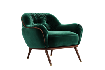 Deep teal velvet armchair with sculpted lines and wooden legs