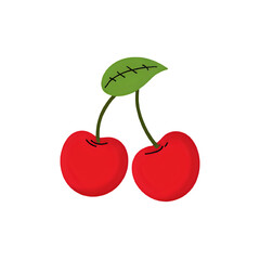 Two red cherries with a green leaf on a white background