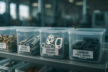 Various mechanical parts stored in transparent plastic boxes on a metal shelf in a factory