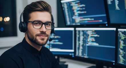 Young man wearing headphones and glasses working on multiple computer screens