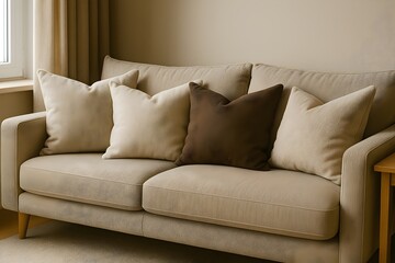 Beige Sofa with Cushions in Bright Minimal Living Room Interior