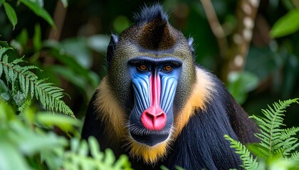 Mandrill monkey portrait in lush jungle foliage, natural habitat view. Vibrant wildlife photography, detailed facial features, tropical environment, perfect for nature, conservation, and animal conten