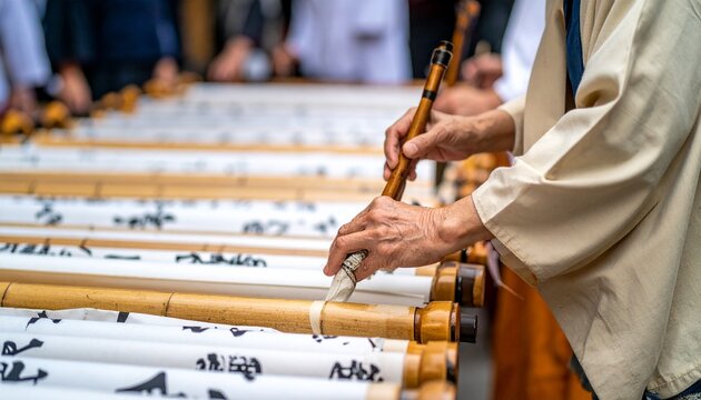 Skilled hands of a senior calligrapher practicing the traditional art of Japanese Shodo on a long paper scroll with an ink brush.