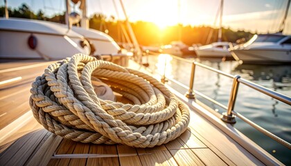 Obraz premium Coiled rope rests on a yacht deck at sunset, other boats blurred in background
