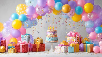 Fototapeta premium Colorful Birthday Party Decorations with Balloons Gifts and Cake