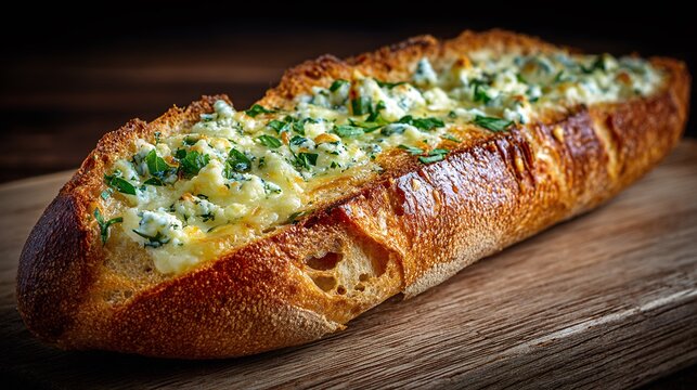 Vibrant french bread topped with melted cheese and herbs showcasing an irresistible culinary delight