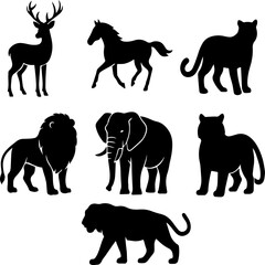 A bold black-and-white silhouette series depicting seven powerful animals, each rendered in a distinctive pose that emphasizes form and character