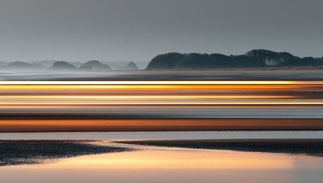 Coastal landscape at dawn, streaked with light