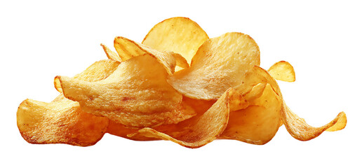 A pile of crispy golden brown potato chips isolated on a transparent background