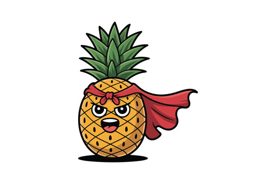 Cartoon pineapple superhero with red cape and bandana fruit character