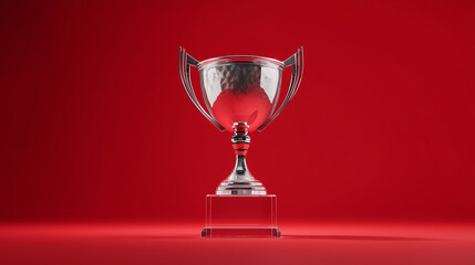 Silver trophy shines against vibrant red backdrop. Symbolizes success, achievement, victory. Use for marketing, design, editorial.