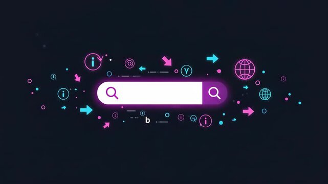 A vibrant search bar surrounded by colorful icons and arrows, representing online navigation and information retrieval web serach