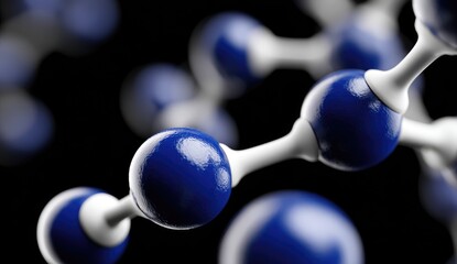 Close-up view of intricate molecular structure, dark background. Blue spheres connected by white rods
