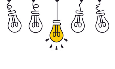 Minimal line art of hanging light bulbs with one yellow bulb glowing in the center, representing innovation, creativity, inspiration, and unique thinking.