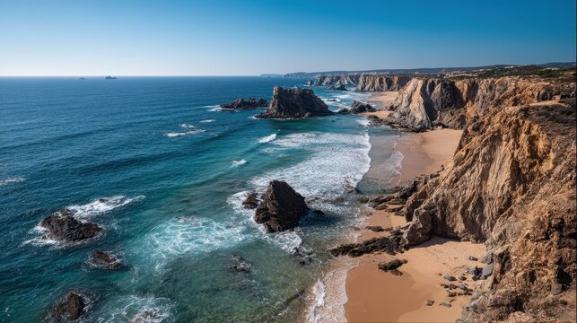 Ultra quality image of view over Bordeira beach and rocks Portugal.