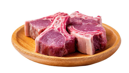 Two raw lamb chops on a light wooden plate