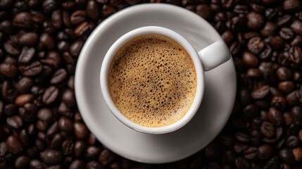 Obraz premium Ultra quality image of top-down perspective of a tiny white espresso cup with frothy cream, resting on a saucer amidst a background of dark roasted coffee beans.