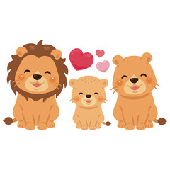お座りした笑顔のライオンの家族イラスト