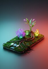 Futuristic smartphone with glowing plants and digital jungle growth
