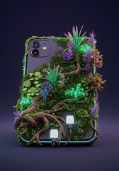 Futuristic smartphone with glowing plants and digital jungle growth