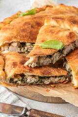 Traditional closed italian pizza calzone stuffed with chicken, mozzarella and spinach on light gray background close up