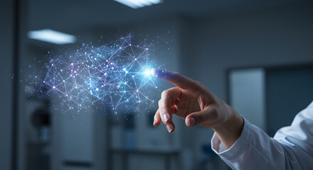 Scientist's fingertip interacting with digital data network in a lab environment concept