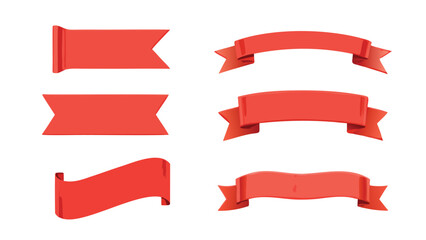 Collection of six red ribbons in various shapes and styles isolated on a white background design element