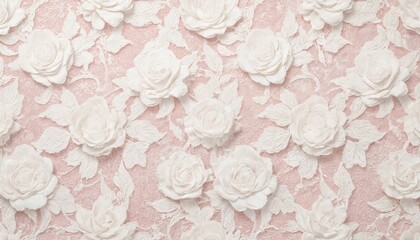 White roses in circular floral pattern on pink background, surrounded by gray border. Roses centrally placed, petals extending outwards, creating harmonious visual effect. Solid pink backdrop