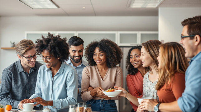 Diverse group of happy young adult colleagues enjoying a relaxed coffee and lunch break together in a modern office kitchen. Socializing and laughing in a friendly, multiethnic team environment.