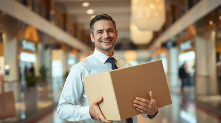 Professional businessman holding packages in modern shopping mall corridor, smiling delivery service worker with parcels for e-commerce shipping business