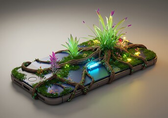 Futuristic smartphone with glowing plants and digital jungle growth