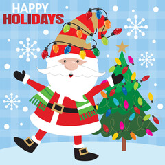 Happy Holidays Santa Claus with Christmas Tree and Lights