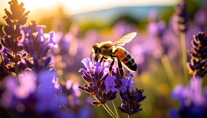 Bee pollinating lavender flowers at sunset, backlit