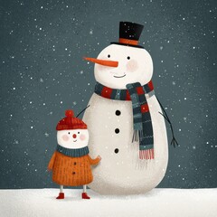 Cheerful snowman and child wearing cozy winter clothes celebrate snowfall in a snowy landscape