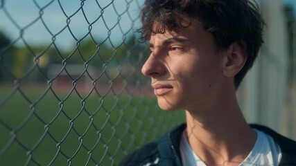 Pensive teenage guy standing alone by sports fence in afternoon sun - Powered by Adobe