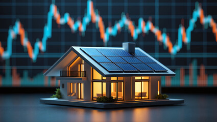 Modern house model with solar panels against a background of abstract financial stock market charts, symbolizing sustainable real estate investment, green energy future, and economic growth.