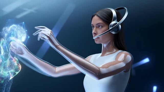 Virtual assistant with headset manipulates glowing holographic interface in dark space, demonstrating future technology and artificial intelligence for customer service innovation