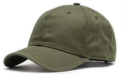 Fototapeta premium Olive green baseball cap with drawstring detail and round brim, presented on clean white background. Cap offers adjustable fit, minimalist aesthetic, versatile styling for casual wear.