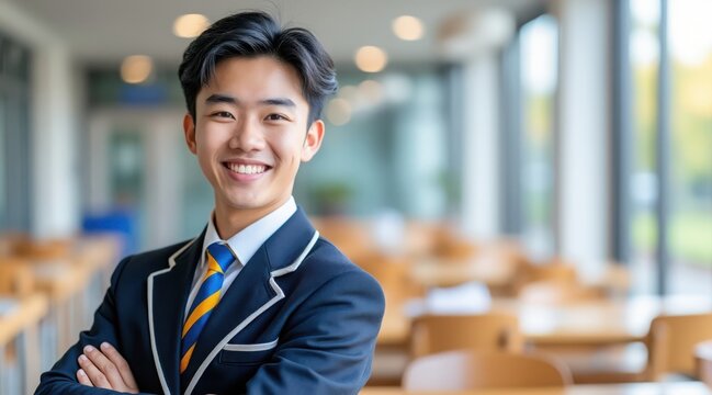 Smiling asian student in school uniform with arms crossed