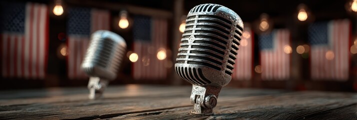 Vintage microphones stand on a rustic wooden stage illuminated by warm lights and surrounded by American flags