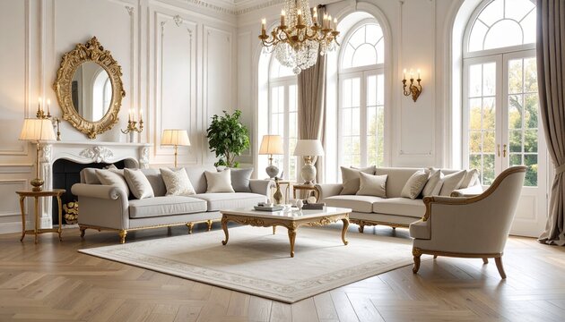 Generated image インテリア リビング 高級 エレガント クラシック ヨーロピアン フレンチ ラグジュアリー ゴージャス 白 ゴールド ソファ テーブル シャンデリア カーテン フローリング ライト 照明 窓 大きな窓 自然光 洗練 上品 モダンクラシック 室内 家具 アームチェア クッション 室内装飾 コーディネート 豪邸 高級住宅 ハイエンド 芸術的 デザイン性 壁面装飾 室内
