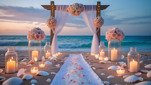 Beach wedding decor with candles, flowers, and seashells. Perfect for event planning portfolios, intimate ceremony inspiration, and boho style blogs.