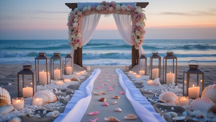 Bohemian beach ceremony decor with shells and sunset lighting. Great for wedding planner websites, rustic love stories, and dreamy visual concepts.