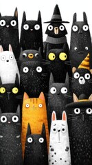 Collection of whimsical black and orange cats in various costumes, gathered for a festive autumn celebration
