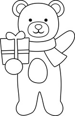 Christmas Teddy Bear Outline Vector Illustration.
Festive teddy bear holding a gift box Children's coloring pages.
Cute Holiday Bear Clipart.
Transparent background. svg.