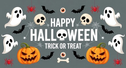 Fototapeta premium Happy halloween with ghosts pumpkins bats and skulls