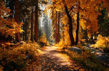 Obraz premium Sunlight bathes forest, vibrant fall colors. Golden autumn leaves blanket forest floor creating scenic view. Pathway leads, creating inviting mood. Forest trees, scenic background, October.