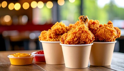 Crispy fried chicken drumsticks in paper cups, with dipping sauces