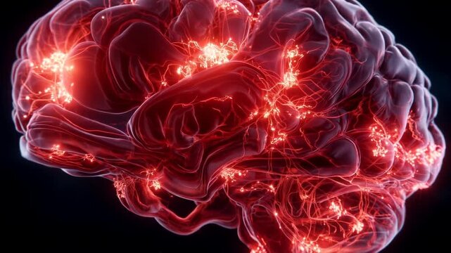 3D medical imaging of the human brain anatomy. Areas that experience headaches glow with a pulsating bright red light. Transparent brain tissue for visualization