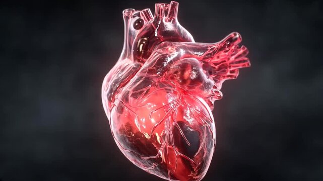 3D medical visualization of the human heart with detailed anatomical structures. Realistic visualization with translucent heart tissue, visible vessels and muscle tissue.